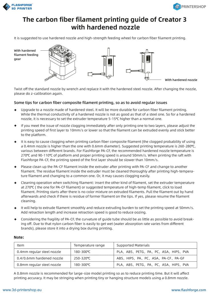 The carbon fiber filament printing guide of Flashforge Creator 3 with hardened nozzle